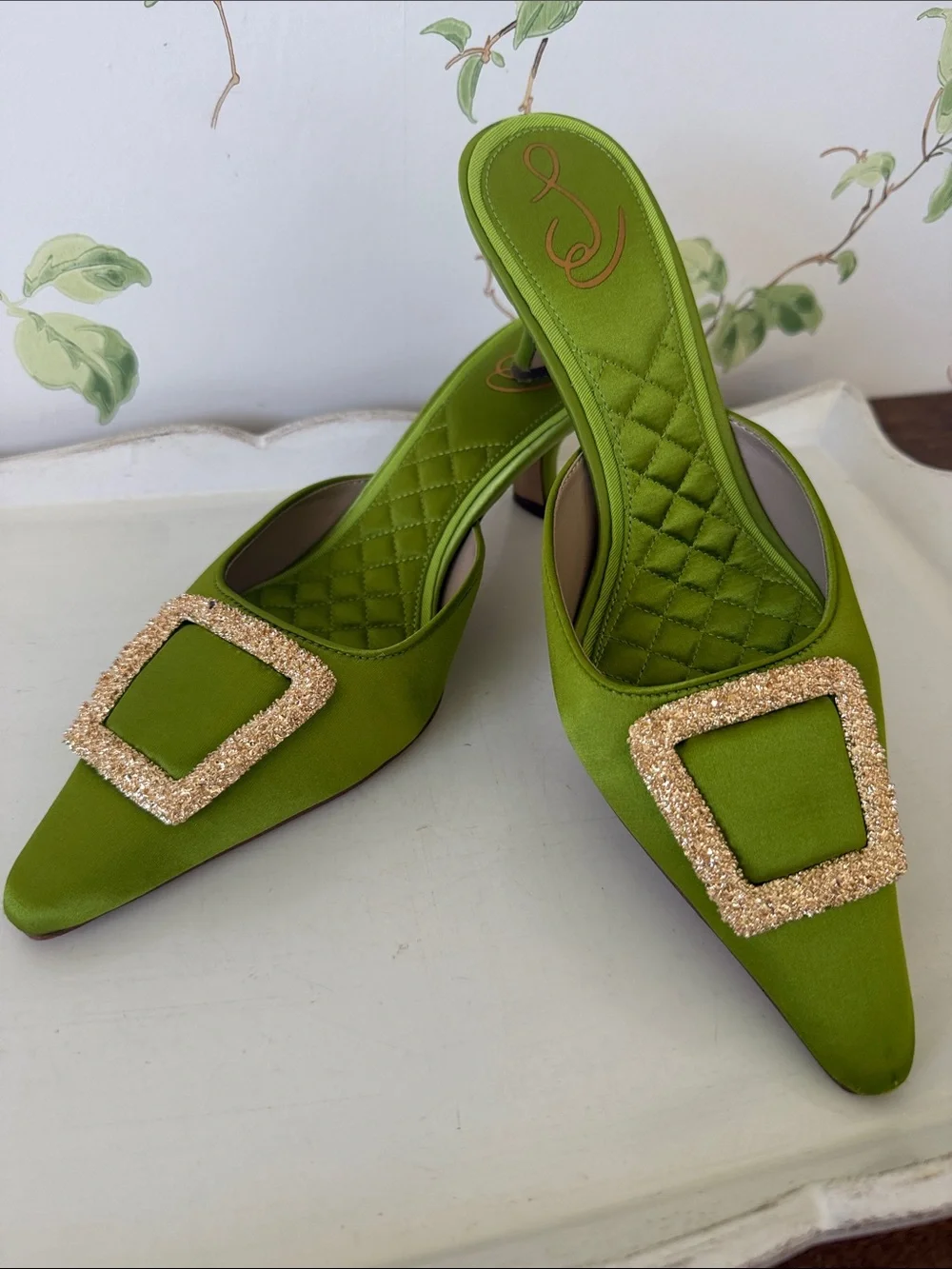 Sam Edelman Green Brit Kitten Satin Mules with Gold Buckle - Size 8.5 - Picture 8 of 14